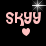 Pixelated pink text SKYY with heart and sparkles on black background across three animated frames.