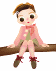 Pixelated cartoon character with brown hair sits on a brown branch, wearing pink jacket, green shorts, red shoes, and red bow tie, with varying facial expressions across frames.