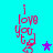 A cyan background displays four vertical of red text reading "i love you" with a musical note, each containing one purple star that changes from solid to outline