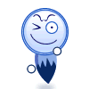 Blue cartoon character with winking eye, smiling mouth, and dark blue tail-like shape; multiple variations show tongue out or teeth visible.