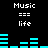 Pixelated digital artwork with cyan audio equalizer bars and white text reading "Music" and "life" on a black background.