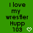 Green background displays repeated text "I love my wrestler Hupp 103" with white heart symbols, arranged in a pattern