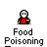 Animated pixel art contact sheet showing a character with white head and red body experiencing food poisoning symptoms across 24 frames, each labeled "Food Poisoning" below the icon.