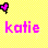 A 2x2 contact sheet of three animated frames showing the name 'katie' in different colors with heart icons above each text variant on a yellow background.