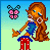 Pixelated character with long brown hair and blue eyes stands beside a pink butterfly, next to yellow text reading Peace On Earth on a blue background.