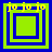 Four green and blue square frames with yellow text 'jo jo jo' at top, each frame containing nested squares with varying border thicknesses and central square sizes.