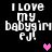 Pixelated text 'I LOVE my babygirn ej!' in white on black background with pink and purple hearts, animated between frames.