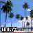 Pixelated beach scene with palm trees and white buildings under blue sky, featuring 'EMILY' text in black box with heart symbol.