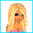 Pixel art of a blonde woman in a blue and pink outfit with white flower patterns, shown in multiple views including full-body, torso, legs, and head close-ups.