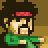 Pixel art character with dark hair, red headband, green shirt, and light skin, holding a green object against a brown background.