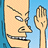 Pixelated cartoon icon of a character with exaggerated facial features holding up a hand, set against a blue background.