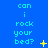 Blue background with repeated cyan text "can i rock your bed?" and yellow star-like symbols in various positions.