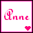 Two side-by-side pixel art images of the name 'Anne' in pink script with a heart symbol below, one showing a bright pink heart and the other a black heart.