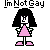 Pixel art character with black hair and pink shoes appears twice, first holding a pink triangle then a rainbow-colored pyramid under text reading "I'm Not Gay But... My Girlfriend Is".