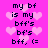 Pixelated text on a pink background with light pink hearts, repeating 'my bf is my bff's bf's bff, (=' in two