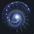 A pixelated circular icon with a bright central light source surrounded by layered blue and gray tones forming a nebula-like structure against a dark background.