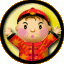 Two cartoon-style figures in circular frames with yellow halos and black borders; left figure wears red cap and jacket, right holds pink envelope.