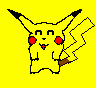 Pixelated yellow cartoon character with red cheek circles, black-tipped ears, brown tail tip, and a small red mouth on a solid yellow background.