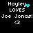 Pixelated text displays 'Hayley LOVES Joe Jonas! <3' with cyan animation effects on 'Hayley'