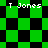 Green and black checkered pattern with four instances of 'T Jones' text in white pixelated font across the image.