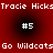 Red background with repeated white text and black circular gradients containing #5, alternating between "Tracie Hicks" and "Go Wildcats" phrases.