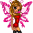 Pixelated fairy icon with pink wings, red dress, and black boots in three variations showing different wing and background states.
