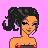 Pixel art of a woman with dark hair in a ponytail, wearing a strapless dress and high heels on a pink background.
