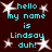 Dark brown background with cyan text reading "hello my name is Lindsay duh!" and white star shapes scattered throughout.