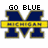 Three variations of a pixelated Michigan 'M' logo with yellow banner, each displaying different text above the emblem.