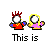 Pixel art of two figures with blank faces, one in red with red hair, the other in pink with yellow hair, arranged in a with text and heart symbols