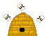 Pixelated bee hives with flying bees, each hive has a single black circular entrance and is surrounded by bees in various positions.