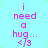 Light blue background with scattered yellow dots, repeated purple text "i need a hug... <js" in four