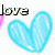 Six heart-shaped icons with 'love' text in various colors and styles arranged in a