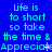 Blue background with repeated cyan text 'life is to short so take the time & Appreciate' and small white star-like pixels scattered throughout.