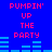 Blue background with red pixelated text 'PUMPIN' UP THE PARTY' and blue audio equalizer bars in two identical vertical sections.