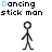 Animated sequence of a stick figure dancing in various poses with arms and legs extended, displayed on white background.