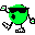 Green pixelated character with black sunglasses and a plus sign on its face, performing walking animation against gray background.