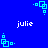 Blue background with repeating cyan square-based pixel art icons and white text reading 'julie' scattered across the image.