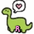 Green dinosaur with pink lettering and heart speech bubbles in a