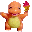 Pixelated orange dinosaur with light green belly holds pink and yellow torch-like object, standing against gray background.