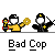 Pixel art animation of two figures: one in yellow holding a red-and-yellow object, the other in black with a yellow star. Text labels include "Bad Cop" and "No Donut!".