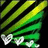 Green and yellow striped diagonal lines with white pixelated shapes at the bottom against a black background.