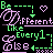 Animated icon featuring repeated text elements and symbols in green, purple, and white on black background with alternating heart and arrow motifs.
