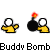 Pixelated character in yellow shirt with white head, holding black bomb with red fuse, transitioning through explosion states.