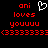 Red pixelated text on black background reads 'ani loves youuuu (3333333) :(', with a white heart outline above the text.