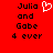 Red background with black pixelated text reading "Julia and Gabe 4 ever" on both sides, white heart symbol above right-side text.