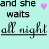 A light teal background with repeated text and purple accents, featuring three identical showing 'and she waits all night just for him to Sign On' in mixed fonts