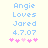 Pixelated text reads "Angie Loves Jared 4.7.07" above five pink heart icons on a light background, with one heart changing color between frames.