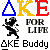 Pixelated graphic with blue triangle, yellow 'K', red 'E', black running figure, gray 'FOR LIFE', and black 'AKE Buddy' text on gray background.