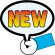 Two speech bubbles with blue scroll tails; left bubble contains gradient 'NEW' text, right is empty.